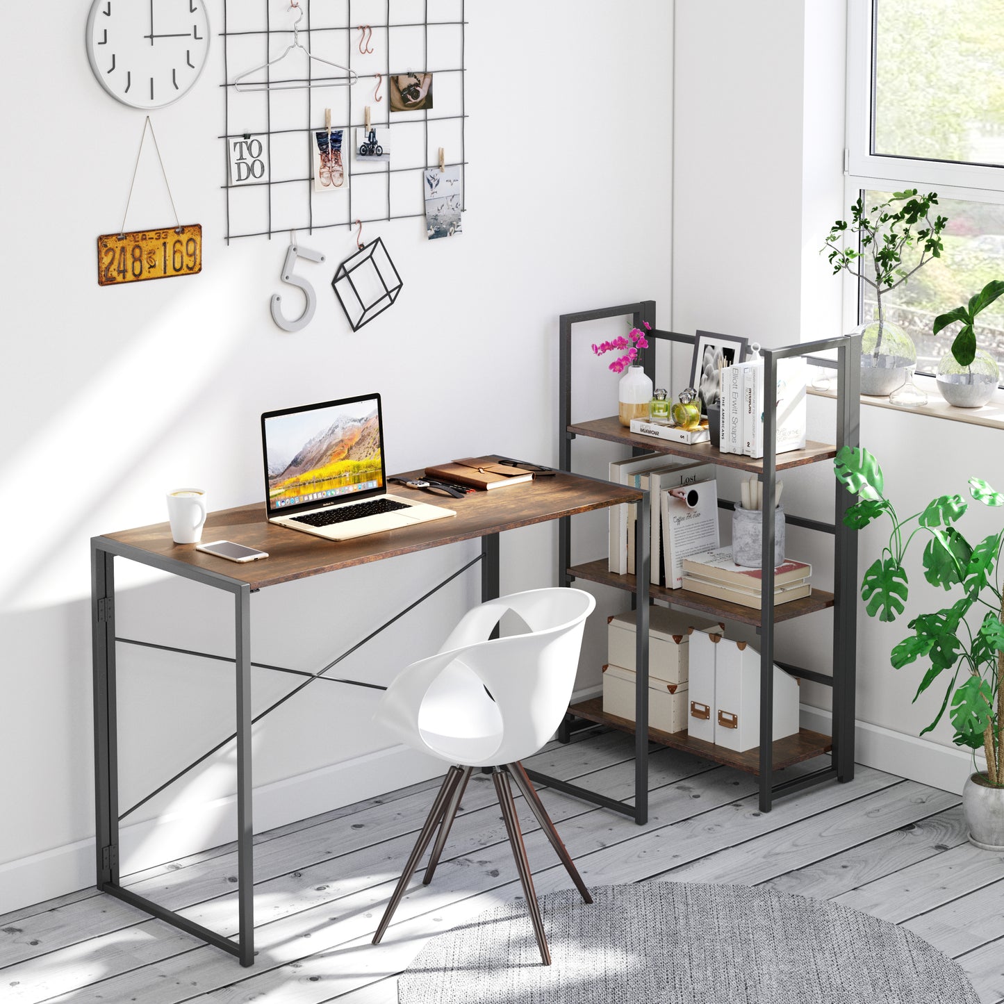 Three-layer folding bookshelf-black paint + retro color