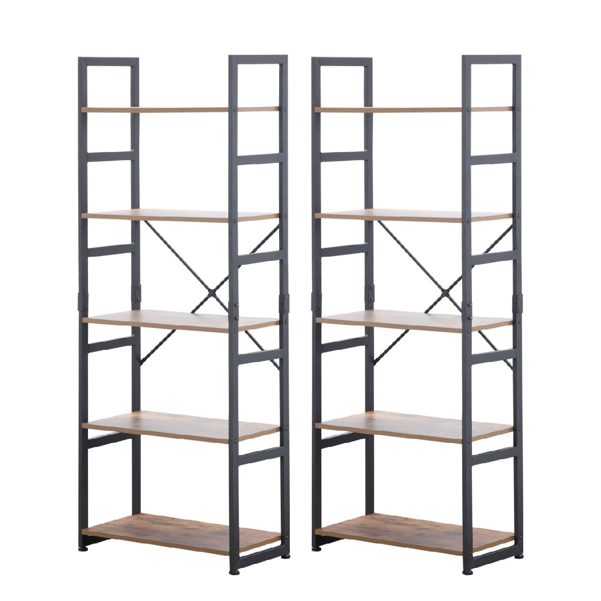 Ladder Shelf Bookcase 5 Tiers | Bookshelf with Open Storage, Metal Frame with Wood Board | Rustic + Black