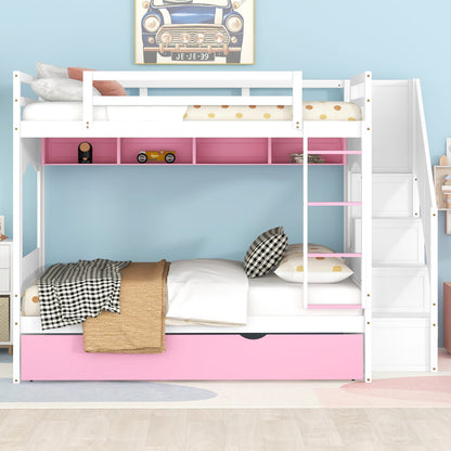 Full Over Full Bunk Bed with Trundle ,Stairs,Ladders Solid Wood Bunk bed with Storage Cabinet （White + Pink）