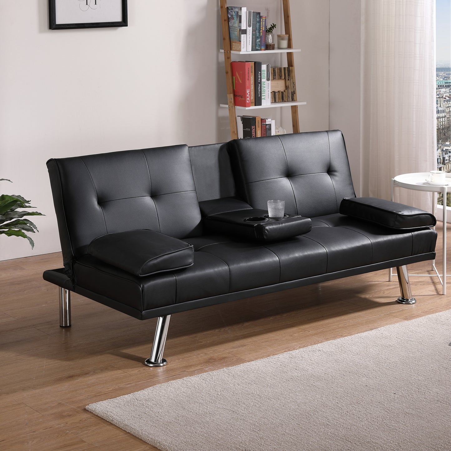 Black Leather Multifunctional Double Folding Sofa Bed for Office with Coffee Table