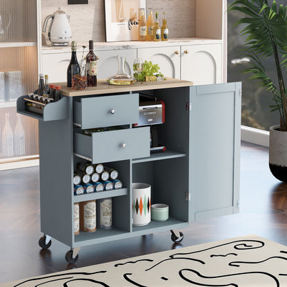 K&K Store Kitchen Cart with Spice Rack ,Towel Rack & Two Drawers,Rubber wood top,Kitchen Island with 4 Wheels for Dining Rooms Kitchens Living Rooms, Grey Blue