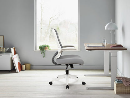 Mid-mesh task chair with flip up arms and tilt function MAX 105 °，300LBS，Grey with white frame