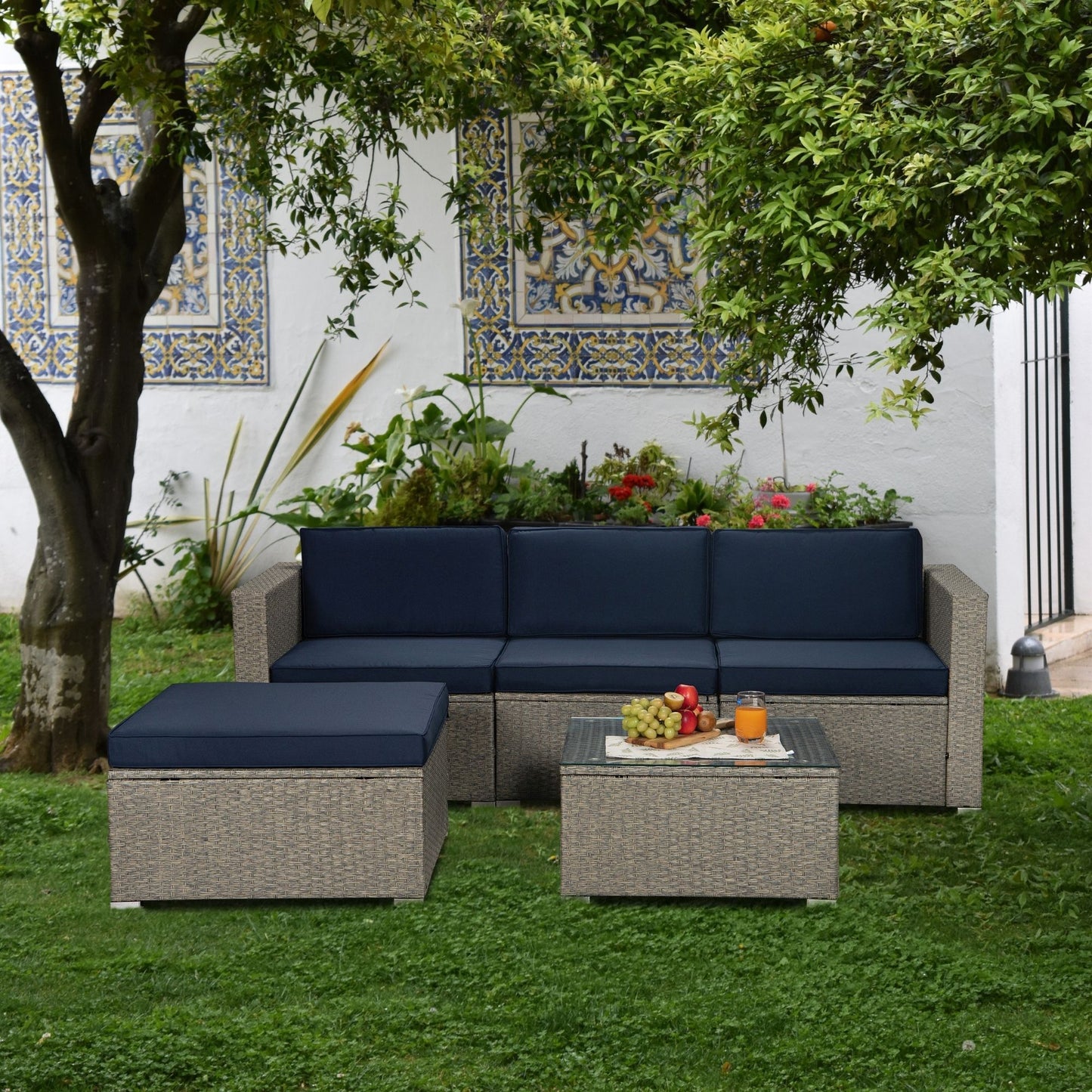 Outdoor Garden Patio Furniture 5-Piece Gray Mix Yellow PE Rattan Wicker Sectional Navy Cushioned Sofa Sets