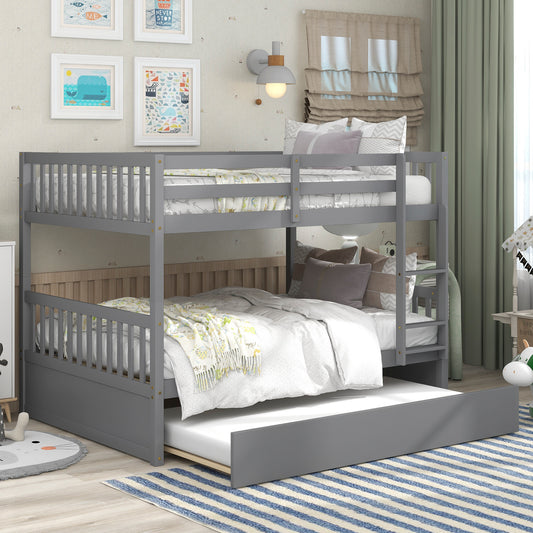 Full Over Full Bunk Bed with Trundle, Convertible to 2 Full Size Platform Bed, Full Size Bunk Bed with Ladder and Safety Rails for Kids, Teens, Adults,Grey (Old Sku:W504S00003)