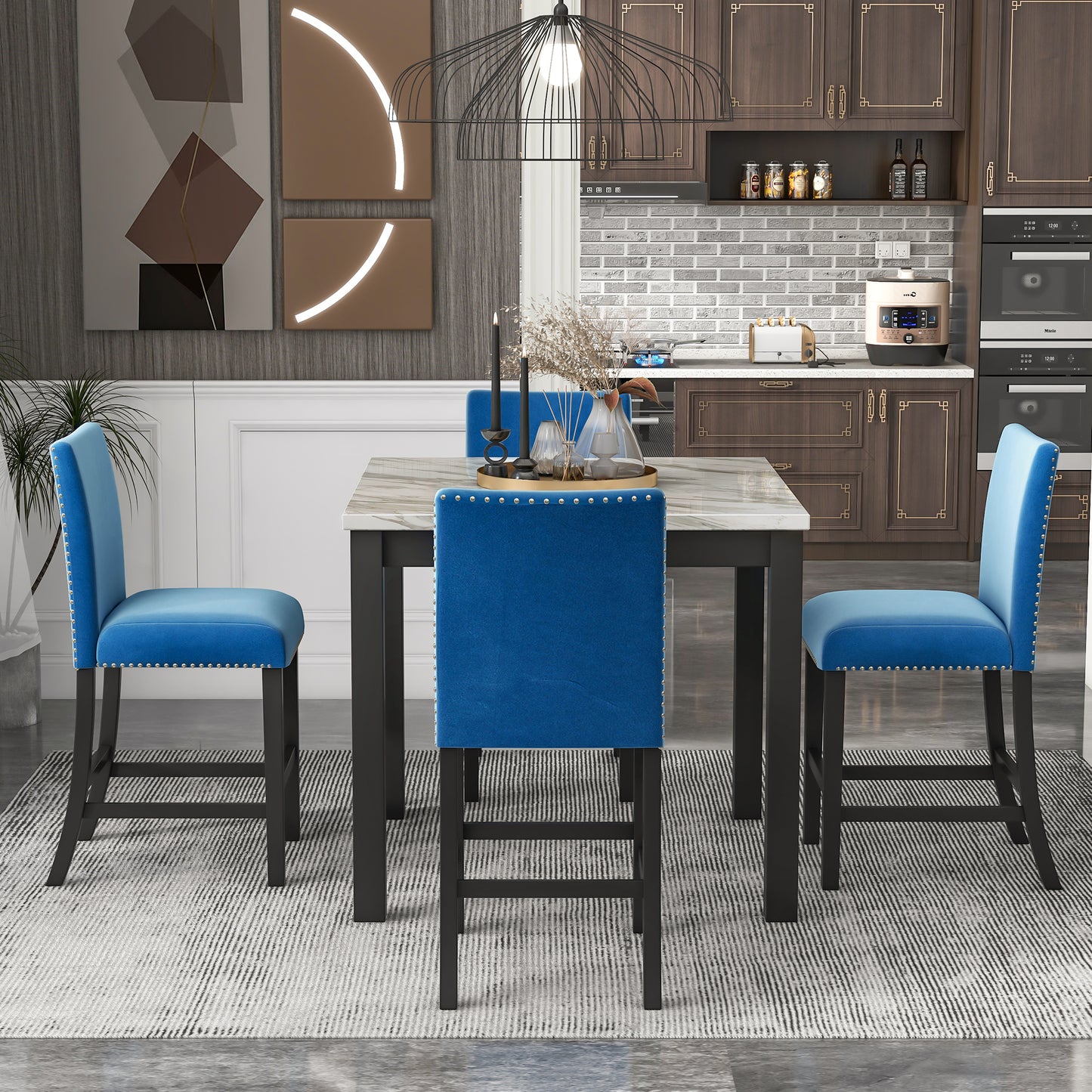 5-piece Counter Height Dining Table Set with One Faux Marble Dining Table and Four Upholstered-Seat Chairs, Table top: 40in.L x40in.W, for Kitchen and Living room Furniture,Blue