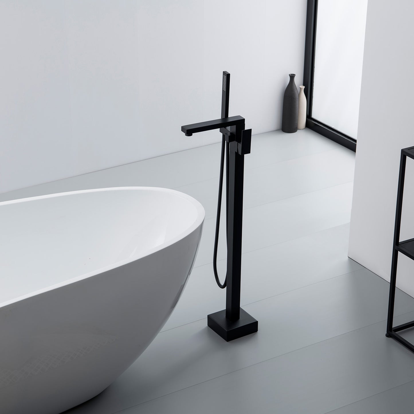 Single-Handle Freestanding Floor Mount Roman Tub Faucet Bathtub Filler with Hand Shower in Matte Black