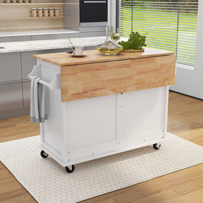 K&K Kitchen Cart with Rubber wood Drop-Leaf Countertop, Concealed sliding barn door adjustable height,Kitchen Island on 4 Wheels with Storage Cabinet and 2 Drawers,L52.2xW30.5xH36.6 inch, White