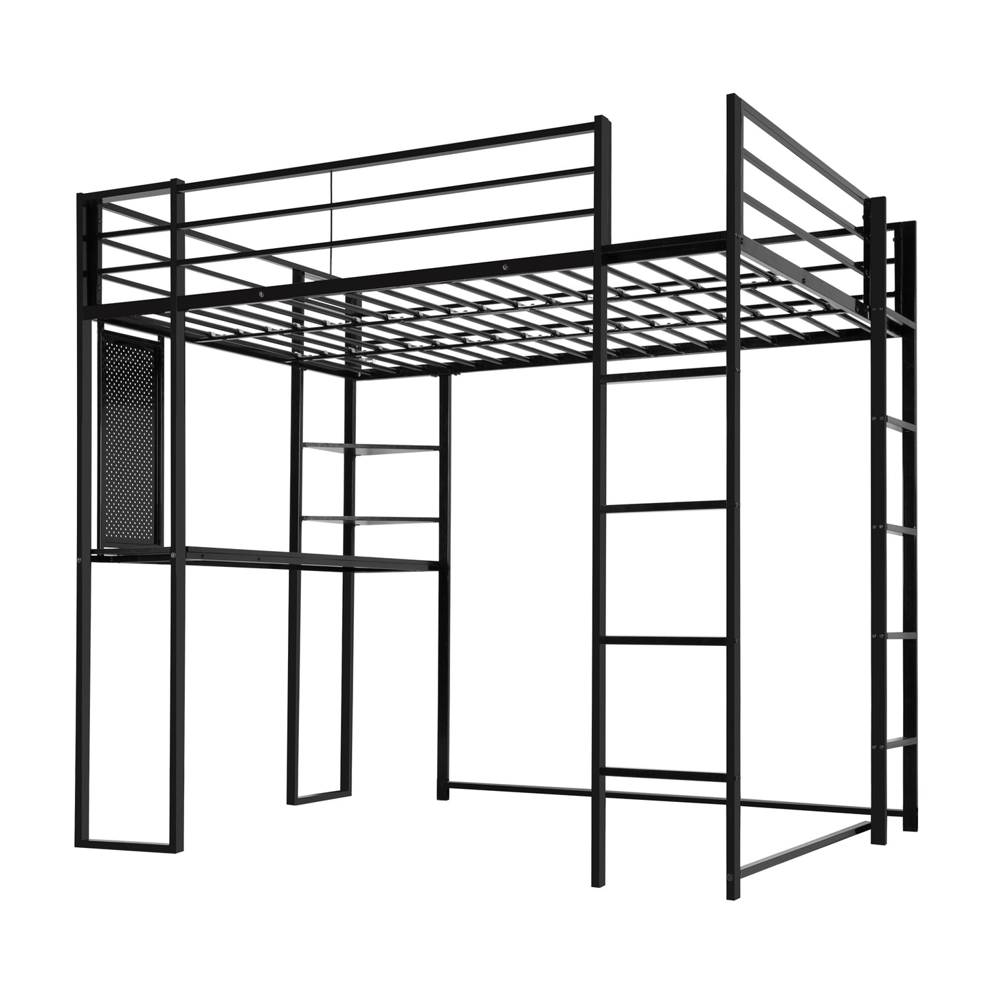 Full Size Loft Bed with Desk and Shelves, Metal Loft Bed with 2 Built-in Ladders, Full-length Guardrail, Hold up to 240lbs,Noise Free,79.53"L x 57.09"W x 72.01"H