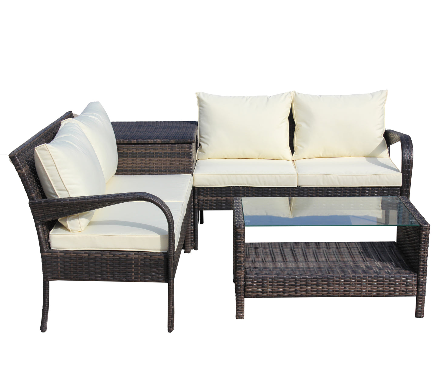 4 Piece Patio Sectional Wicker Rattan Outdoor Furniture Sofa Set with Storage Box Brown