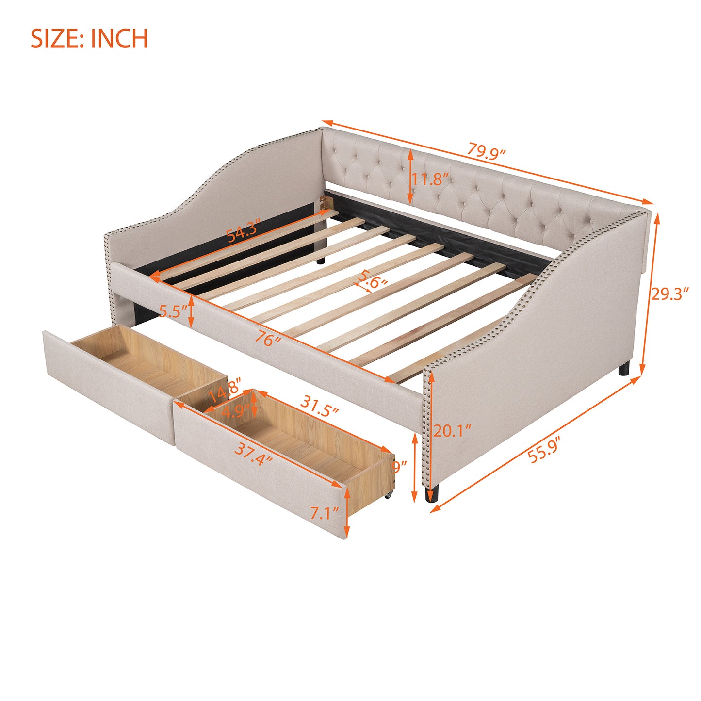 Upholstered daybed with Two Drawers, Wood Slat Support, Beige, Full Size(OLD SKU :LP001111AAA)