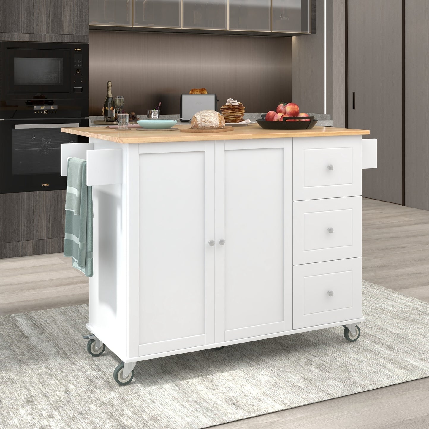 Rolling Mobile Kitchen Island with Solid Wood Top and Locking Wheels，52.7 Inch Width，Storage Cabinet and Drop Leaf Breakfast Bar，Spice Rack, Towel Rack & Drawer （White）