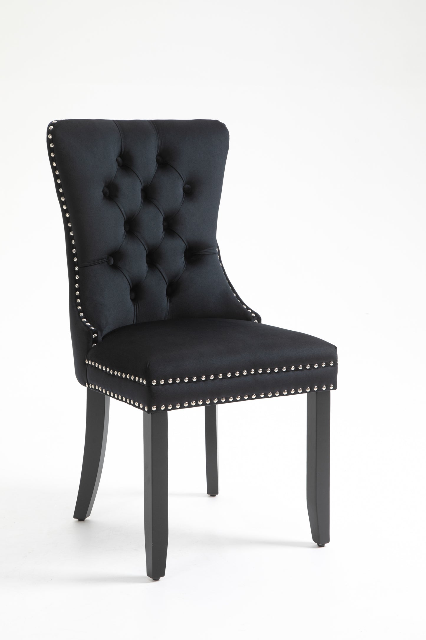 Upholstered Button Tufted Back Black Velvet Dining Chair with Nailhead Trim and Solid Wood Legs 2 Sets