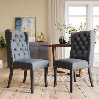 TREXM Cotton Fabric Dining Chairs Set of 2, Upholstered Dining Room Chairs with Solid Wood Legs, Wingback and Button Tufting (Dark Gray)