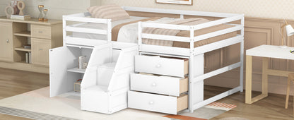 Full Size Functional Loft Bed with Cabinets and Drawers, Hanging Clothes at the back of the Staircase, White