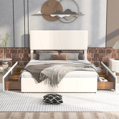 Queen Size Upholstery Platform Bed with Four Drawers on Two Sides,Adjustable Headboard,Beige