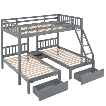 Full Over Twin & Twin Bunk Bed, Wood Triple Bunk Bed with Drawers and Guardrails  (Gray) （OLD SKU:LP000143AAE）