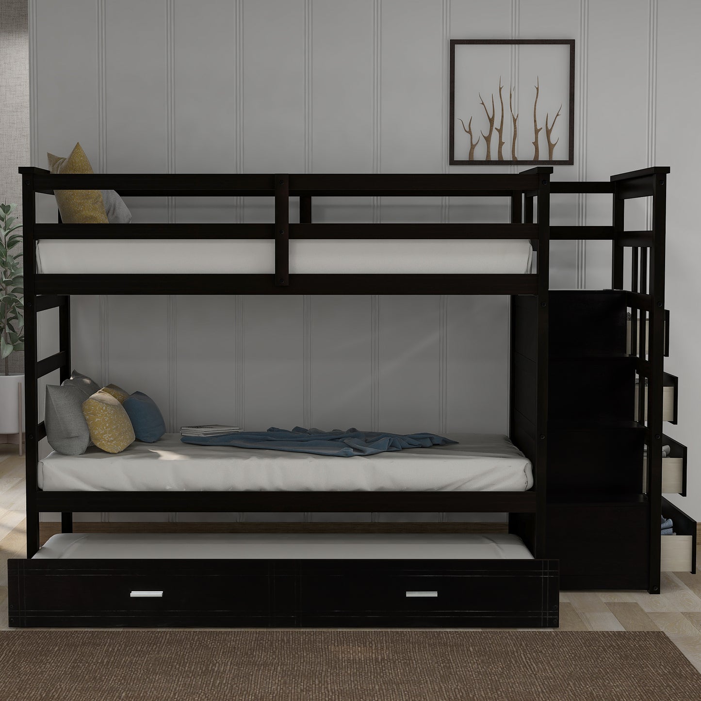 Solid Wood Bunk Bed , Hardwood Twin Over Twin Bunk Bed with Trundle and Staircase, Natural Espresso Finish (OLD SKU: LP000068AAP)