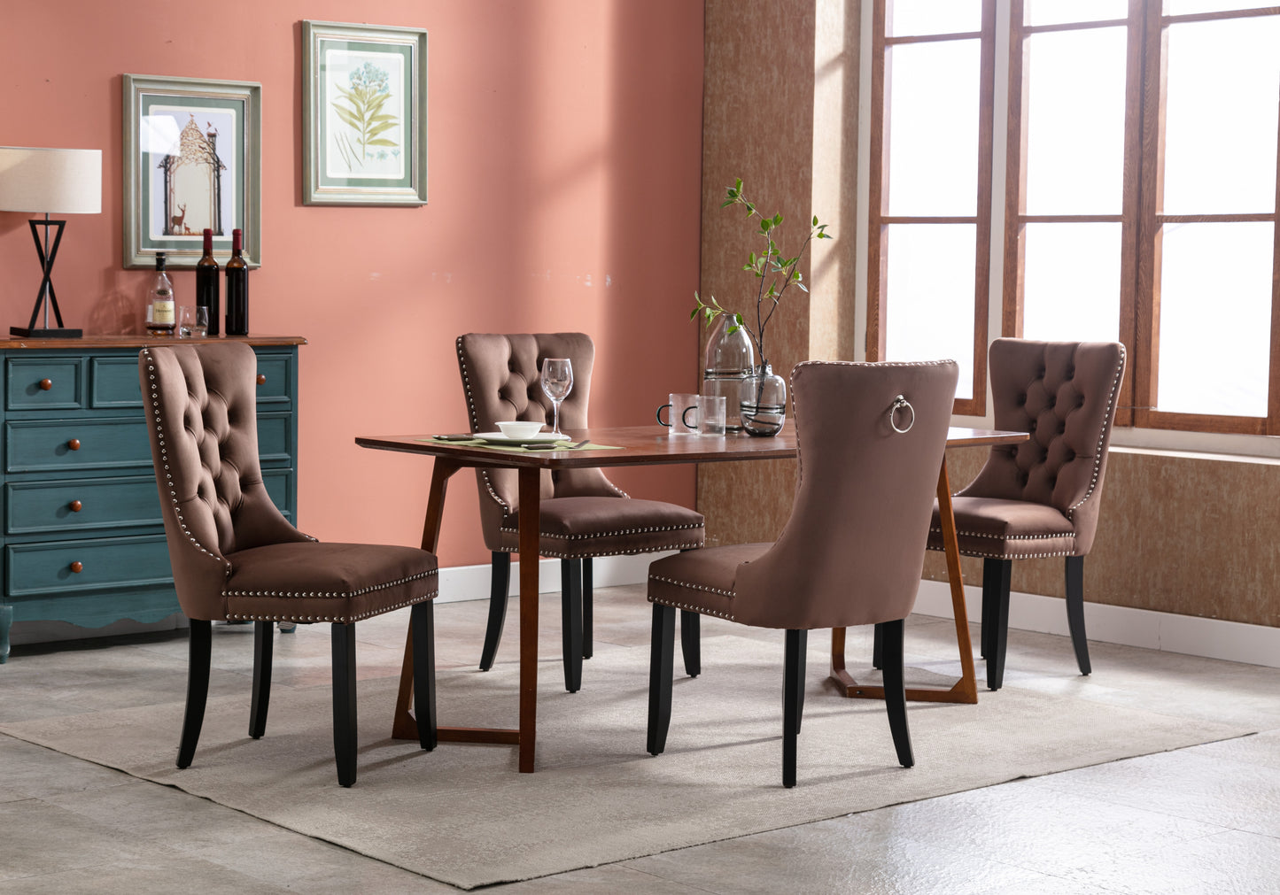 Upholstered Button Tufted Back Brown Velvet Dining Chair with Nailhead Trim and Solid Wood Legs 2 Sets