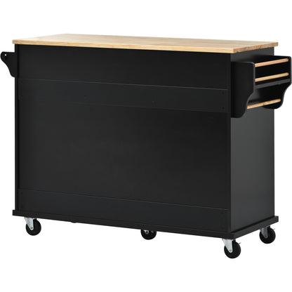 K&K kitchen cart with Rubber wood desktop rolling mobile kitchen island with storage and 5 draws 53 Inch width （Black）