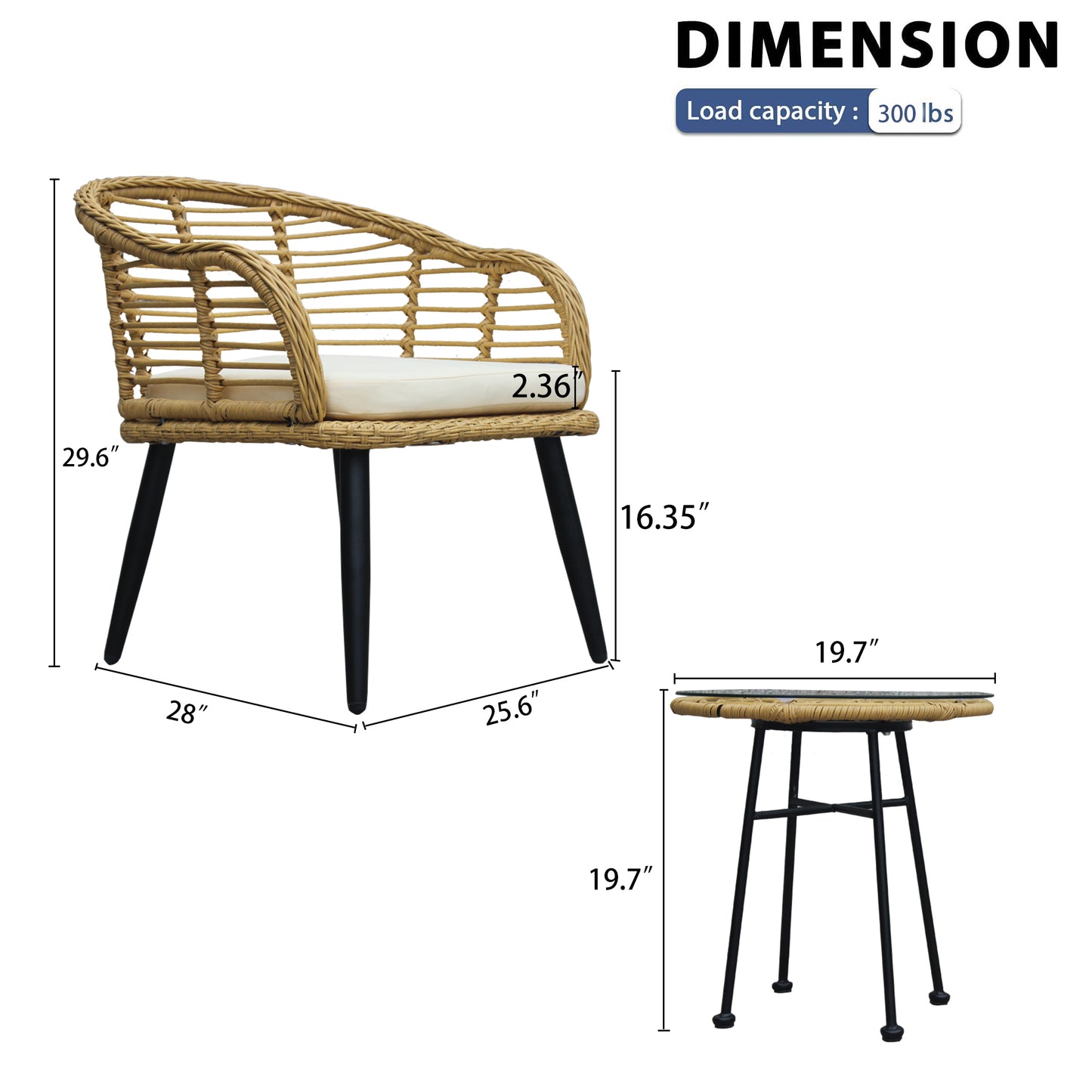 3 Pieces Outdoor Patio Balcony Natural Yellow Wicker Chair Table Set with Beige Cushion and Tempered Glass Table Top