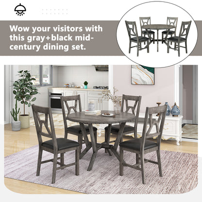 TOPMAX Mid-Century 5-Piece Dining Table Set, Round Table with Cross Legs, 4 Upholstered Chairs for Small Places, Kitchen, Studio, Gray