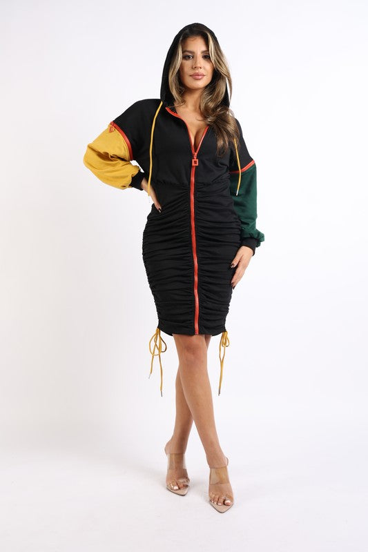 Color blocked wide sleeve ruched terry dress