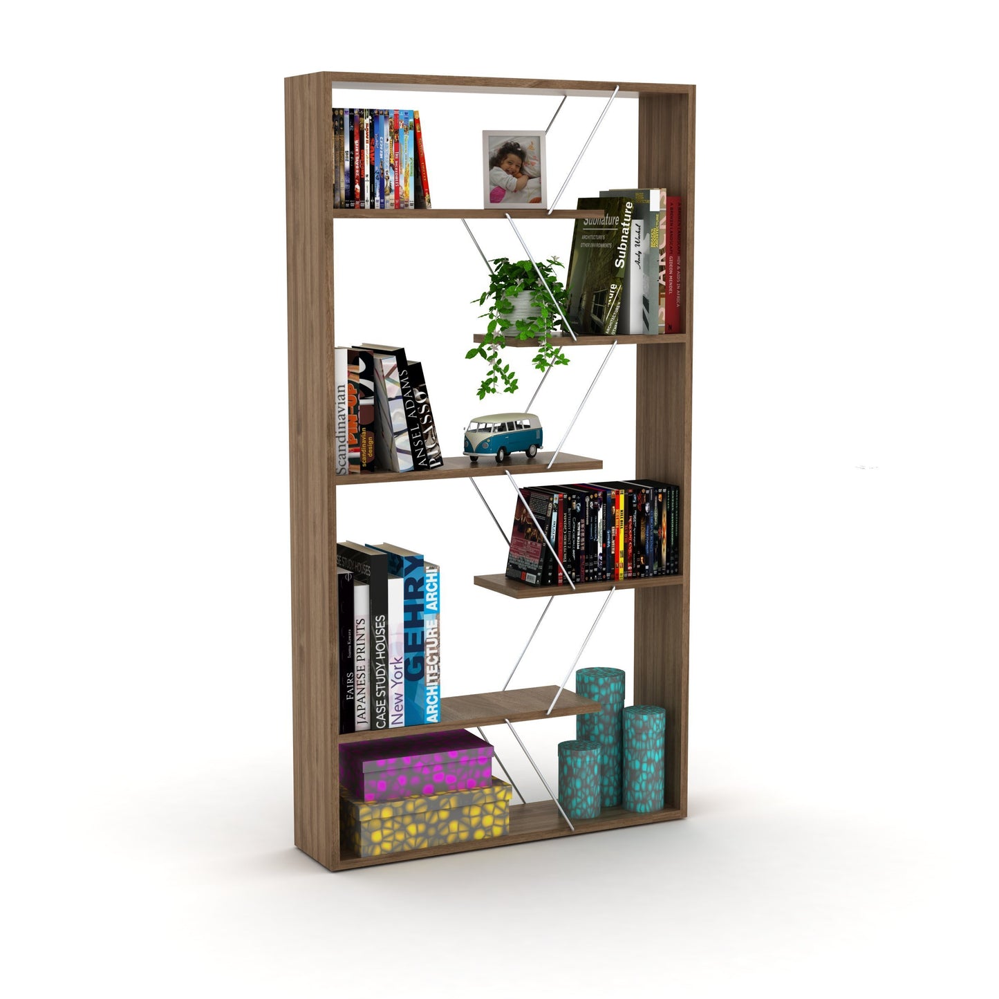 Furnish Home Store Wood Frame Etagere Open Back 6 Shelves Bookcase Industrial Bookshelf for Office and Living Rooms Modern Bookcases Large Bookshelf Organizer, Walnut/Chrome