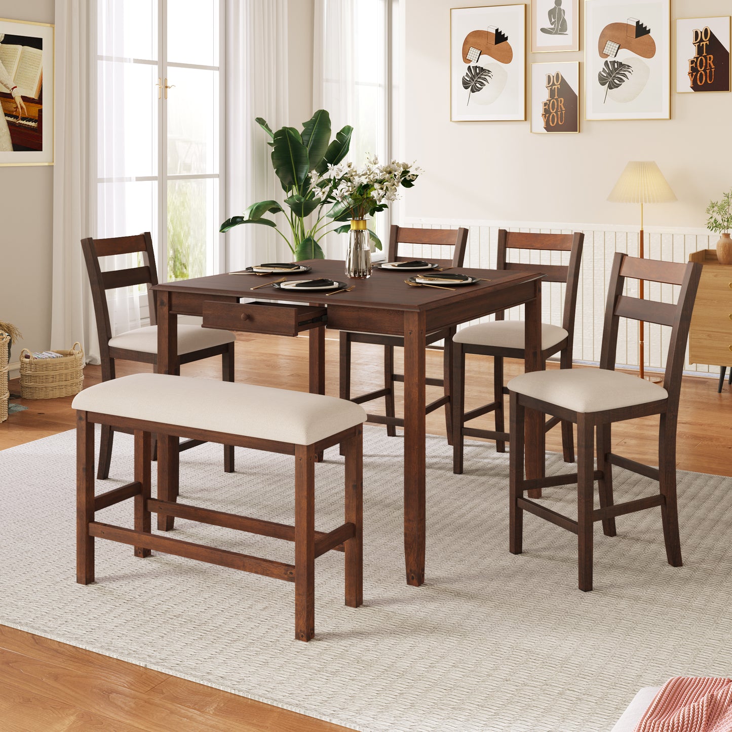 TOPMAX Wood 6-Piece Dining Table Set with Storage Drawer, Counter Height Square Kitchen Set with Upholstered Chair and Bench, Walnut