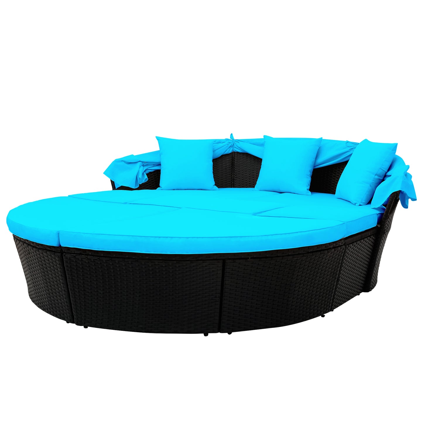 Outdoor rattan daybed sunbed with Retractable Canopy Wicker Furniture, Round Outdoor Sectional Sofa Set, black Wicker Furniture Clamshell  Seating with Washable Cushions, Backyard, Porch, Blue.