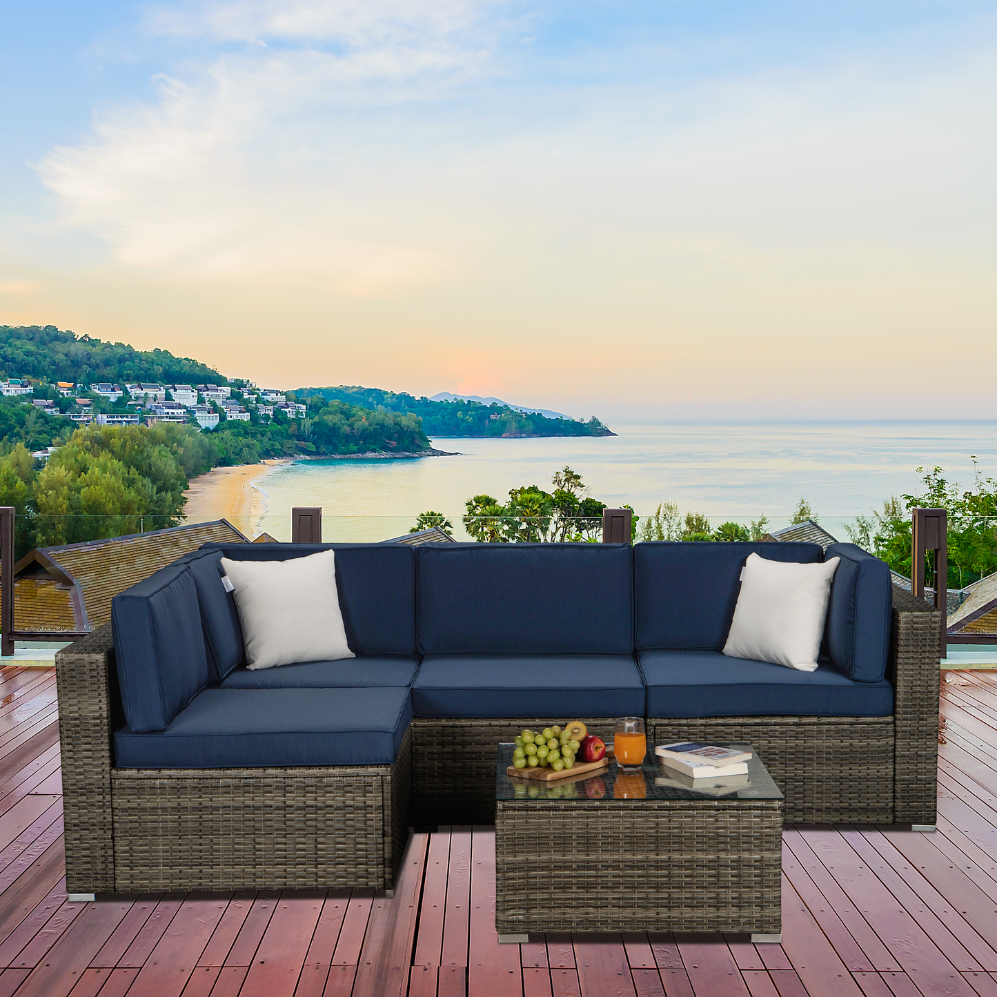 Outdoor Garden Patio Furniture 5-Piece Dark Gray PE Rattan Wicker Sectional Navy Cushioned Sofa Sets with 2 Begie Pillows