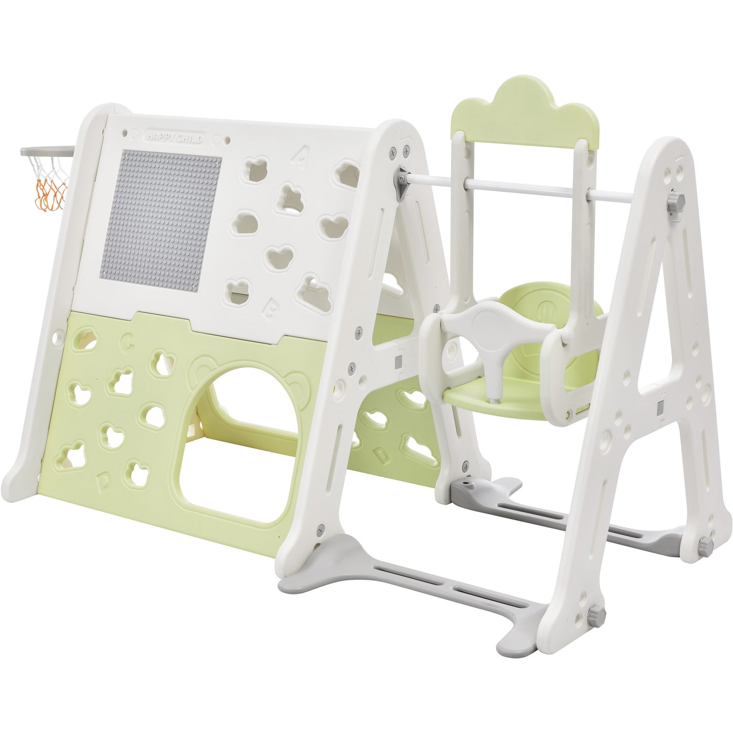 6-in-1 Toddler Climber and Swing Set Kids Playground Climber Swing Playset with Tunnel, Climber, Whiteboard,Toy Building Block Baseplates, Basketball Hoop Combination for Babies