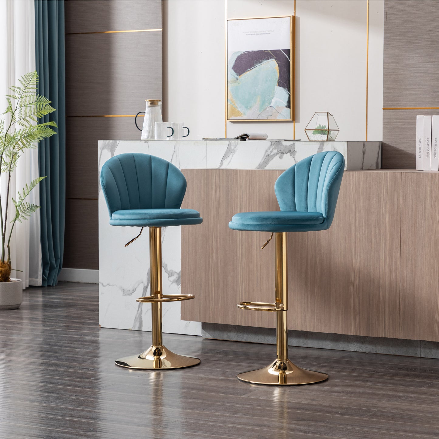 Set of 2  Bar Stools,with Chrome Footrest and Base Swivel Height Adjustable Mechanical Lifting Velvet + Golden Leg Simple Bar Stool-Baby Blue