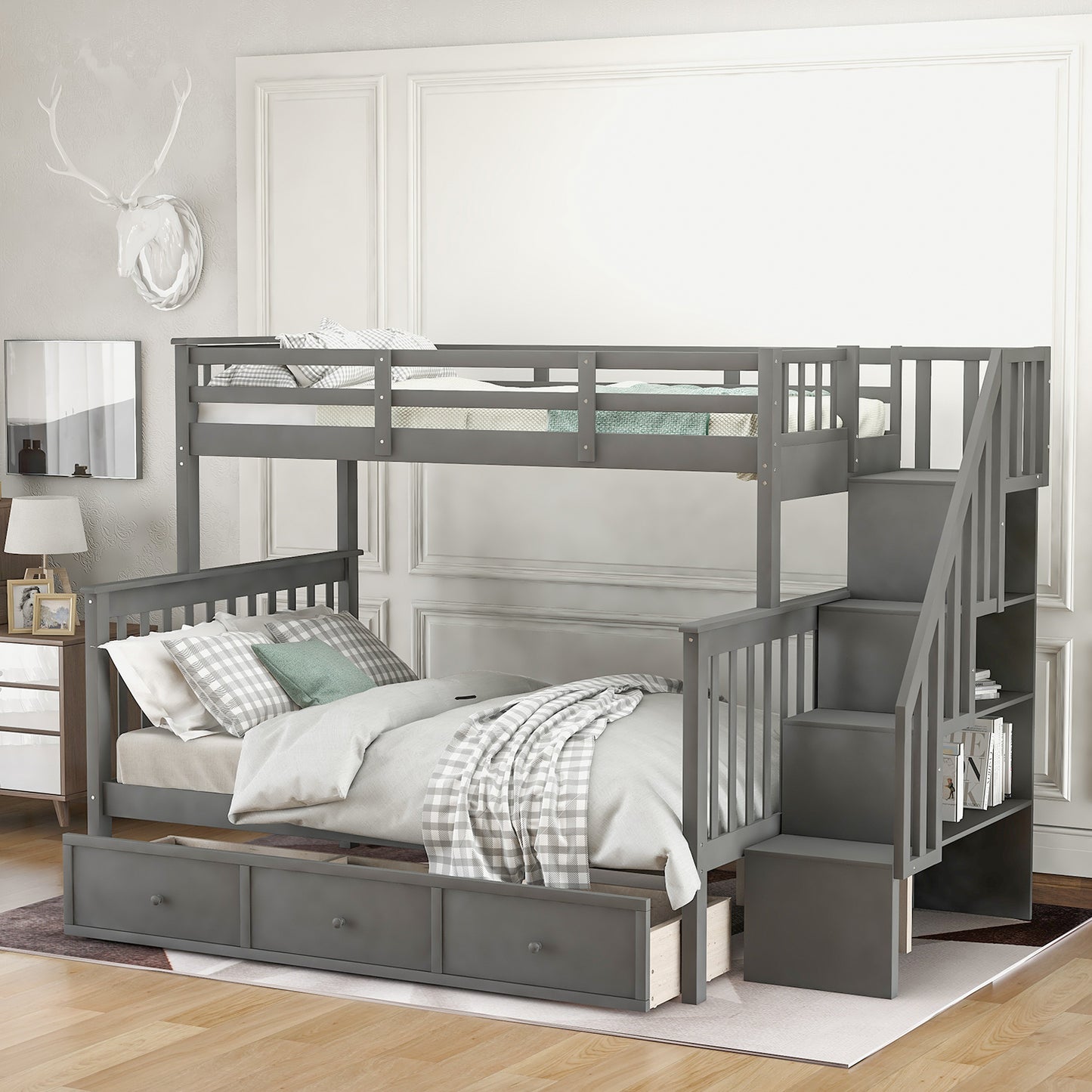 Stairway Twin-Over-Full Bunk Bed with Drawer, Storage and Guard Rail for Bedroom, Dorm, for Adults, Gray color(Old SKU: LP000219AAE)