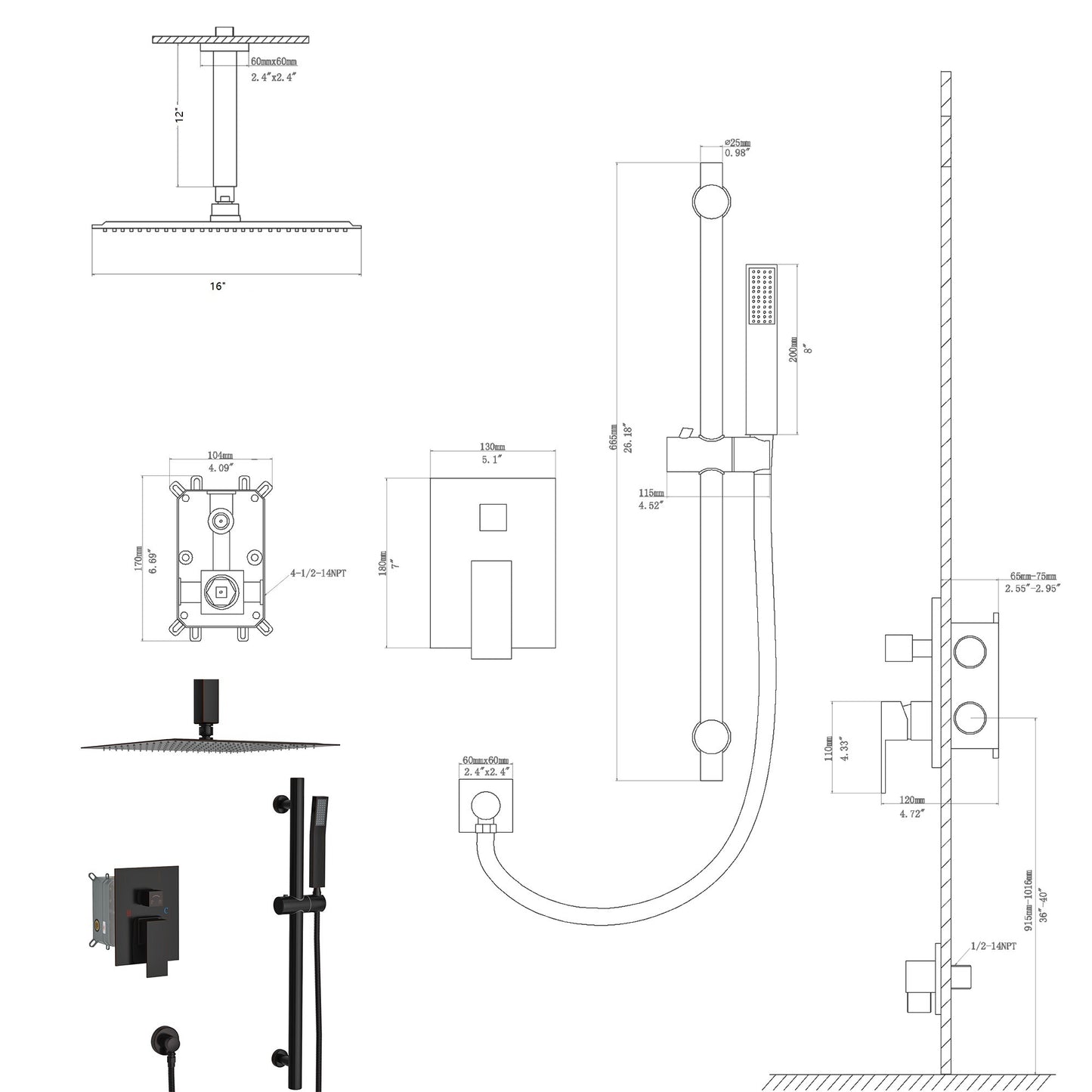 16" Rain Shower Head Systems ,with 26.18 inch Adjustable Angle Slide Bar,Oil Rubber Bronze,Ceiling Mounted shower