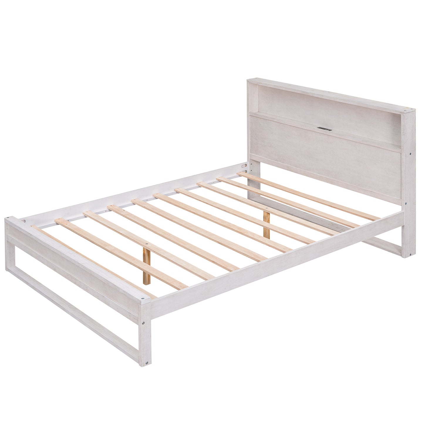 Platform Bed with Storage Headboard,Sockets and USB Ports,Queen Size Platform Bed,Antique White