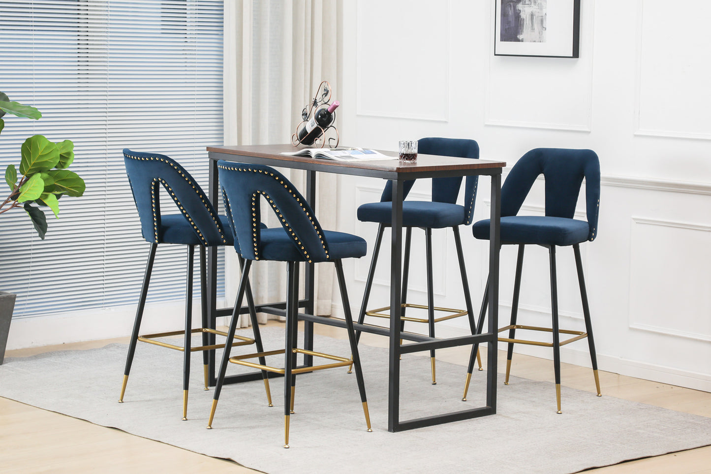 A&A Furniture,Akoya Collection Modern | Contemporary Velvet Upholstered Connor 28" Bar Stool & Counter Stools with Nailheads and Gold Tipped Black Metal Legs,Set of 2 (Blue)