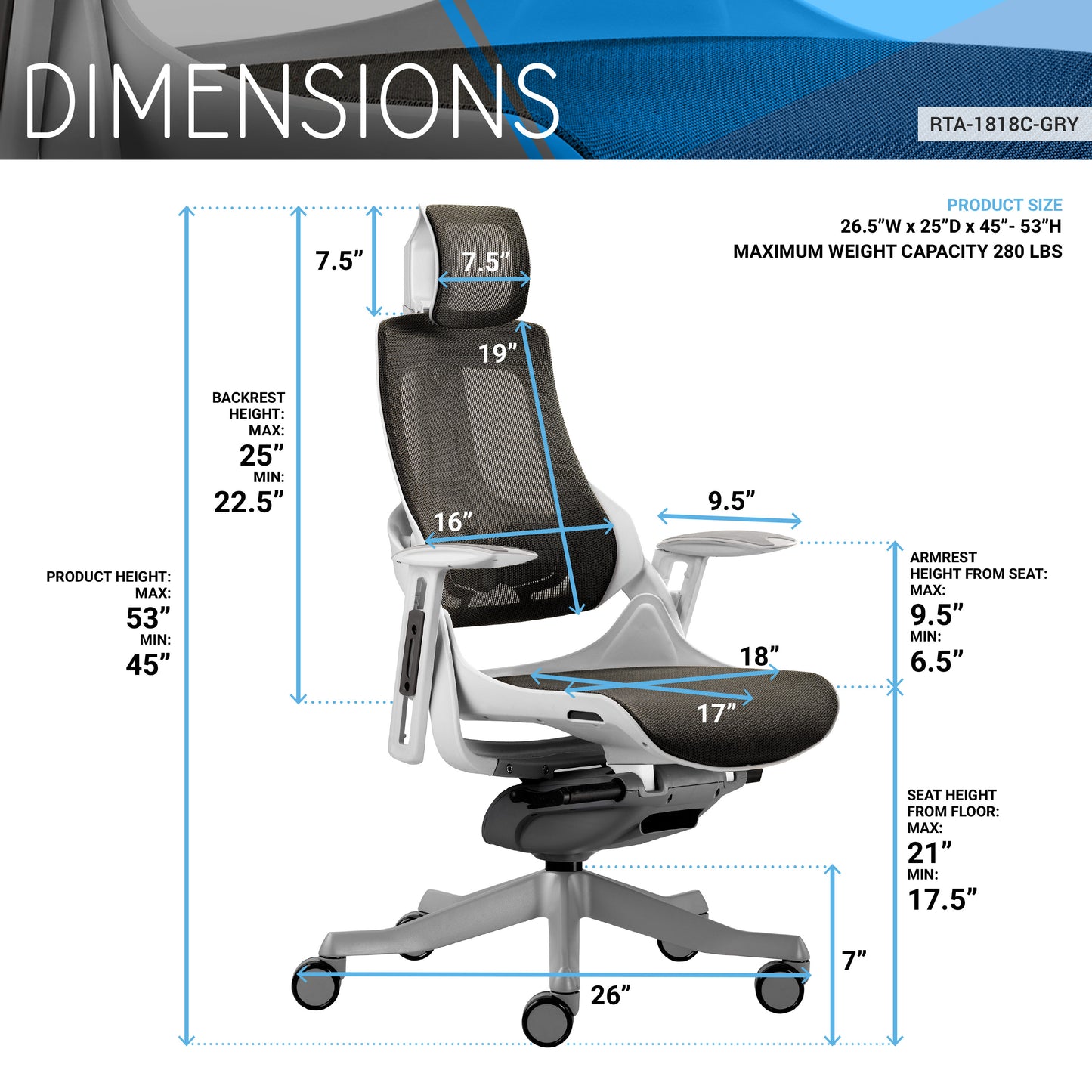 Techni Mobili LUX Ergonomic Executive Chair, Grey