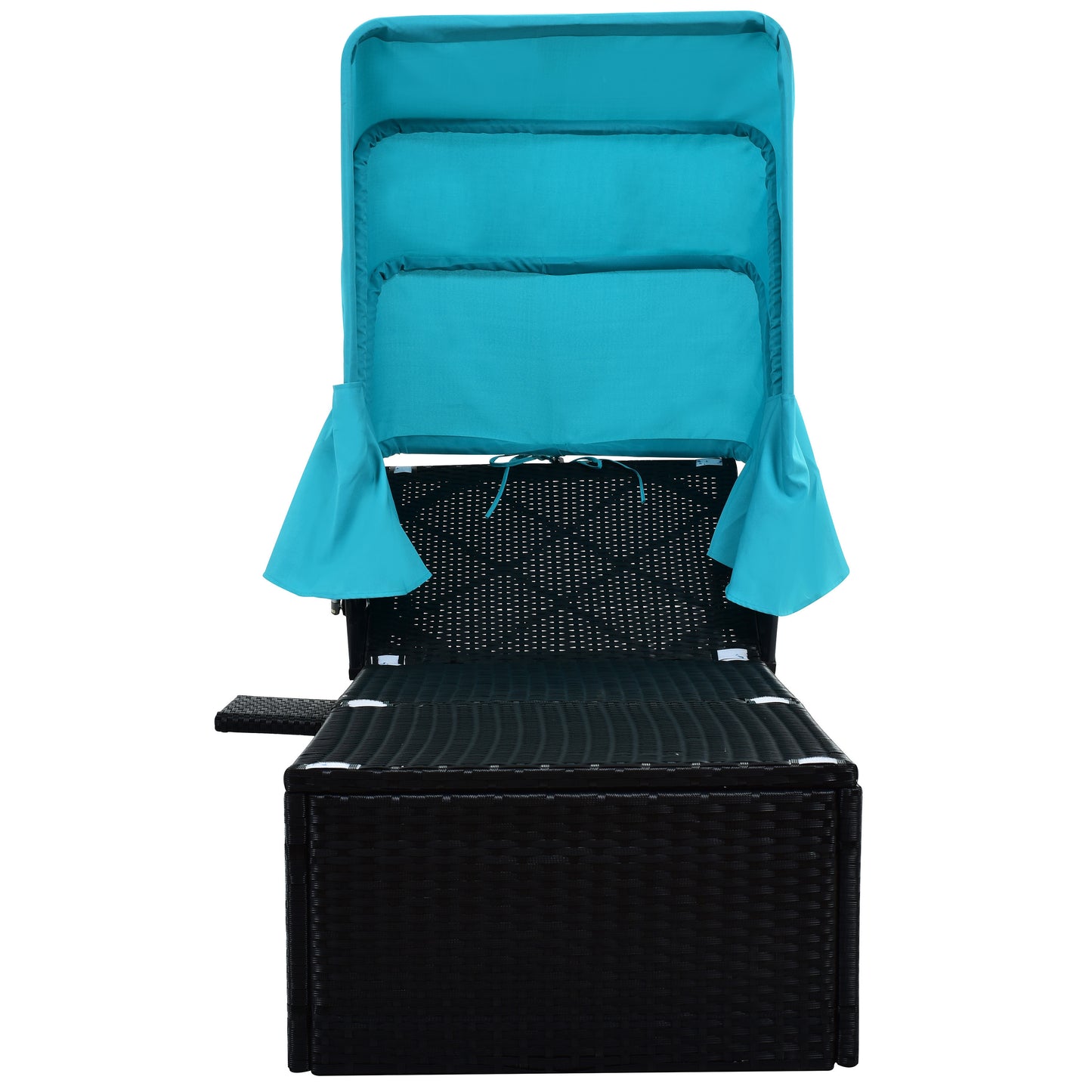 TOPMAX 76.8" Long Reclining Single Chaise Lounge with Cushions,Canopy and Cup Table, Black Wicker+Blue Cushion