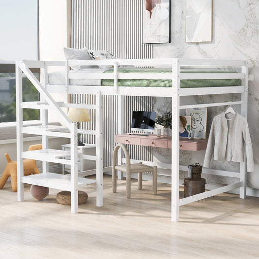 Full Size Loft Bed with Built-in Storage Staircase and Hanger for Clothes,White