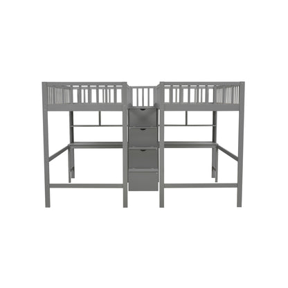 Twin & Twin Size Loft Bed with 2 Built-in Desks and Shelves, Storage Staircase, Gray