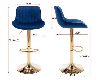 Chrome Footrest and Base Swivel Height Adjustable Mechanical Lifting Velvet + Golden Leg Simple Bar Stool,Set of 2,Navy