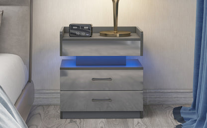 Nightstand with 2 Drawers,USB Charging Ports, Wireless Charging and Remote Control LED Light-Dark Gray