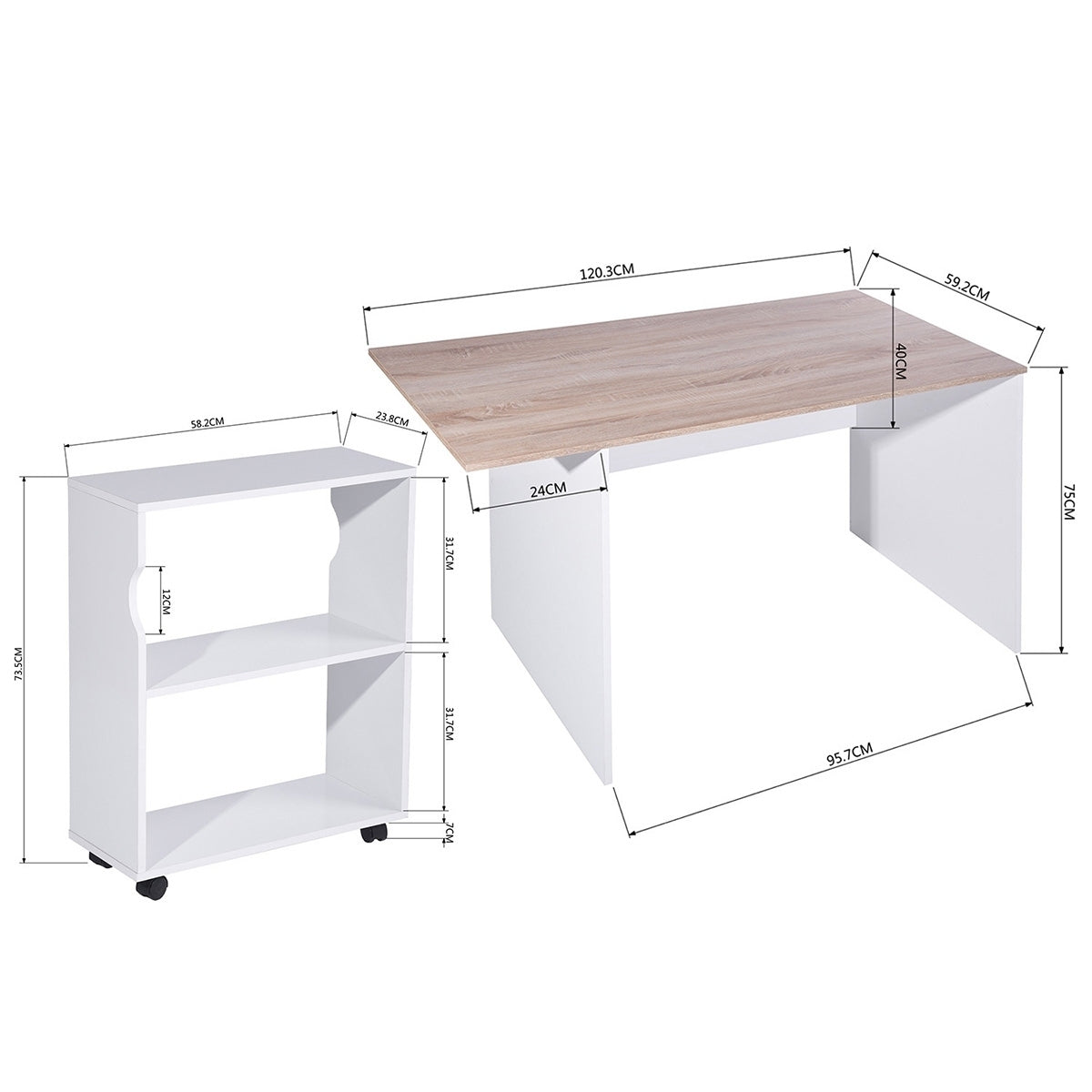 47.4" L Computer Desk with movable bookcase, oak & white