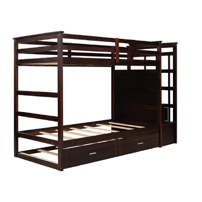 Solid Wood Bunk Bed , Hardwood Twin Over Twin Bunk Bed with Trundle and Staircase, Natural Espresso Finish (OLD SKU: LP000068AAP)