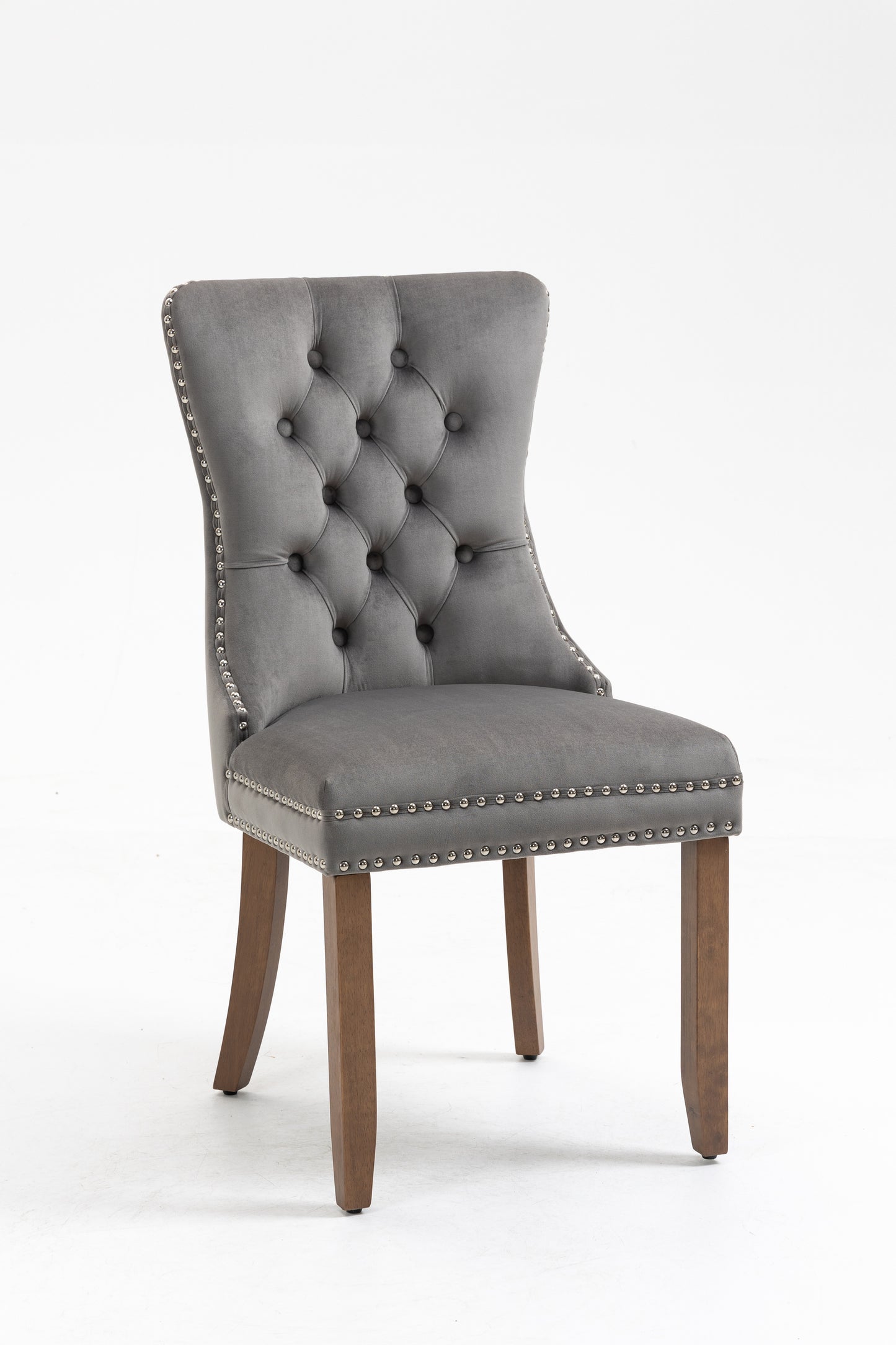 Upholstered Button Tufted Back Gray Velvet Dining Chair with Nailhead Trim and Solid Wood Legs 2 Sets