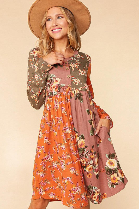 BUTTON DOWN FLORAL COLOR BLOCK MIDI DRESS