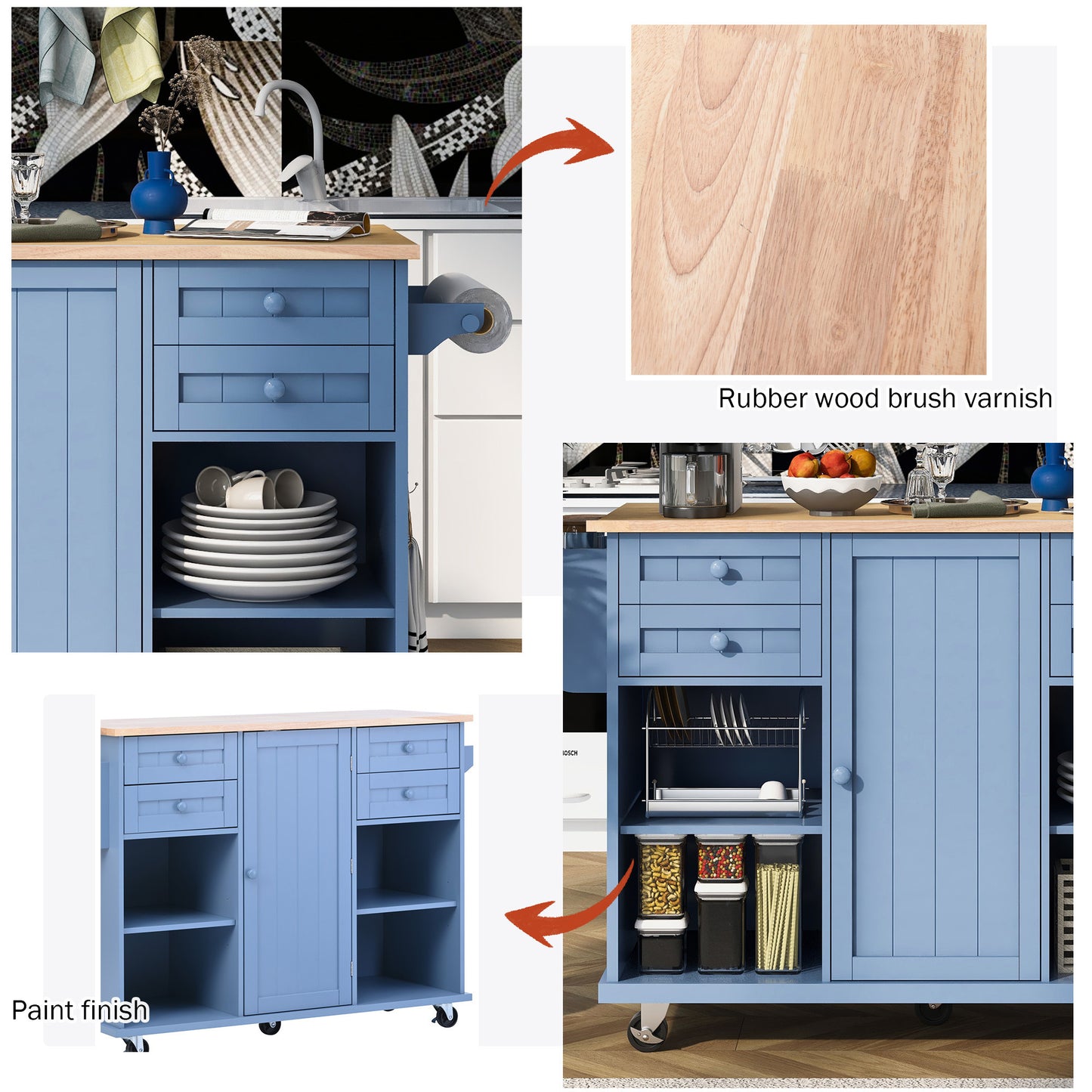 K&K kitchen island cart with Spice Rack, Towel Rack & Drawer,Rubber wood desktop,5 wheels including 4 lockable wheels,52.8inch width (Blue)