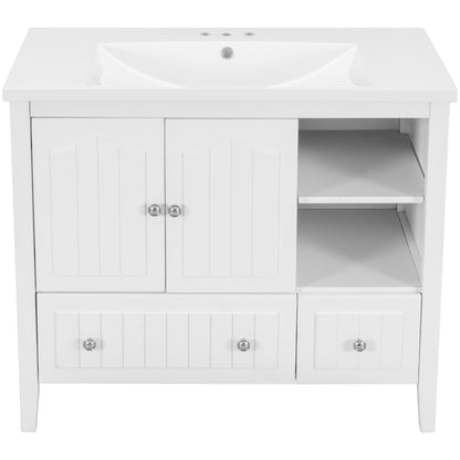 [VIDEO] 36" Bathroom Vanity with Ceramic Basin, Bathroom Storage Cabinet with Two Doors and Drawers, Solid Frame, Metal Handles, White