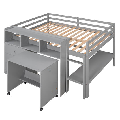 Full Size Low Loft Bed with Rolling Portable Desk, Drawers and Shelves,  Gray