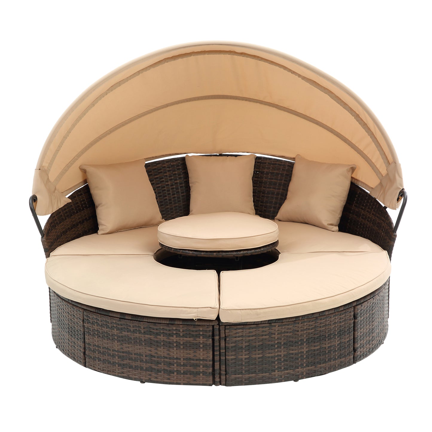 Hot Sale KD Rattan Round Lounge With Canopy Bali Canopy Bed Outdoor, Wicker Outdoor Sofa Bed with lift coffee table